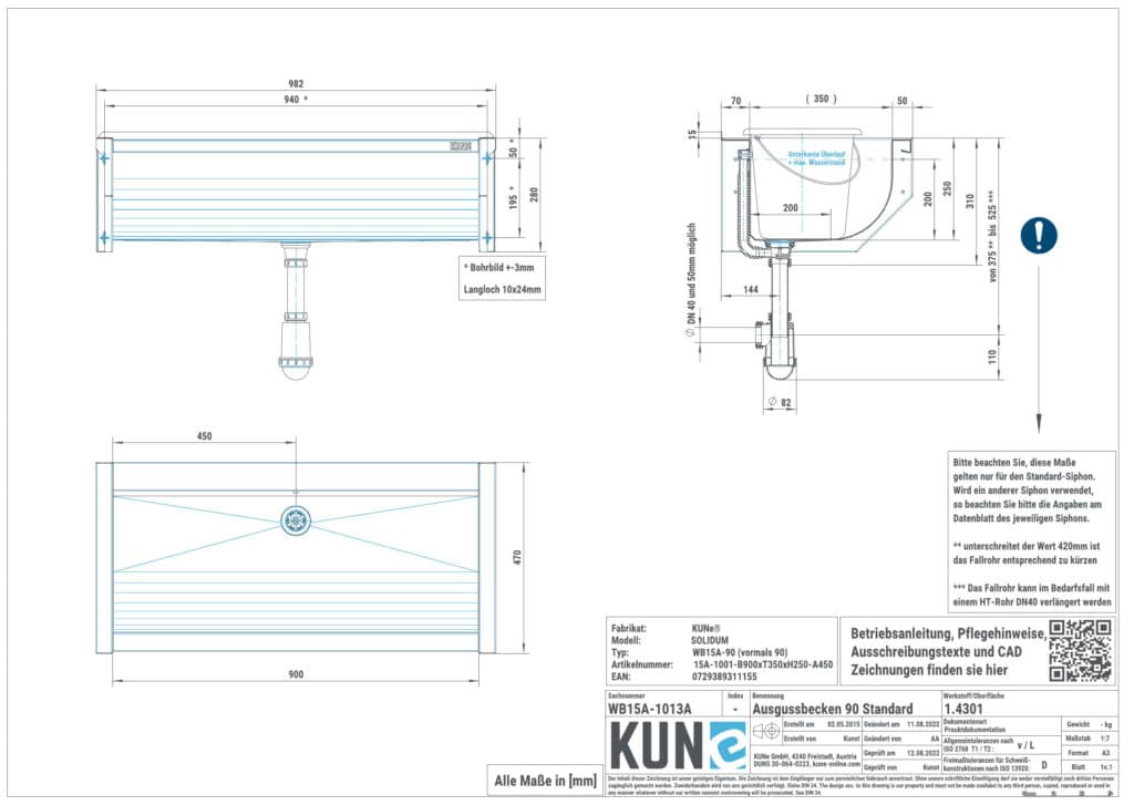 Eine detaillierte Maßzeichnung vom KUNe SOLIDUM Ausgussbecken aus Edelstahl mit 90 cm Innenbreite