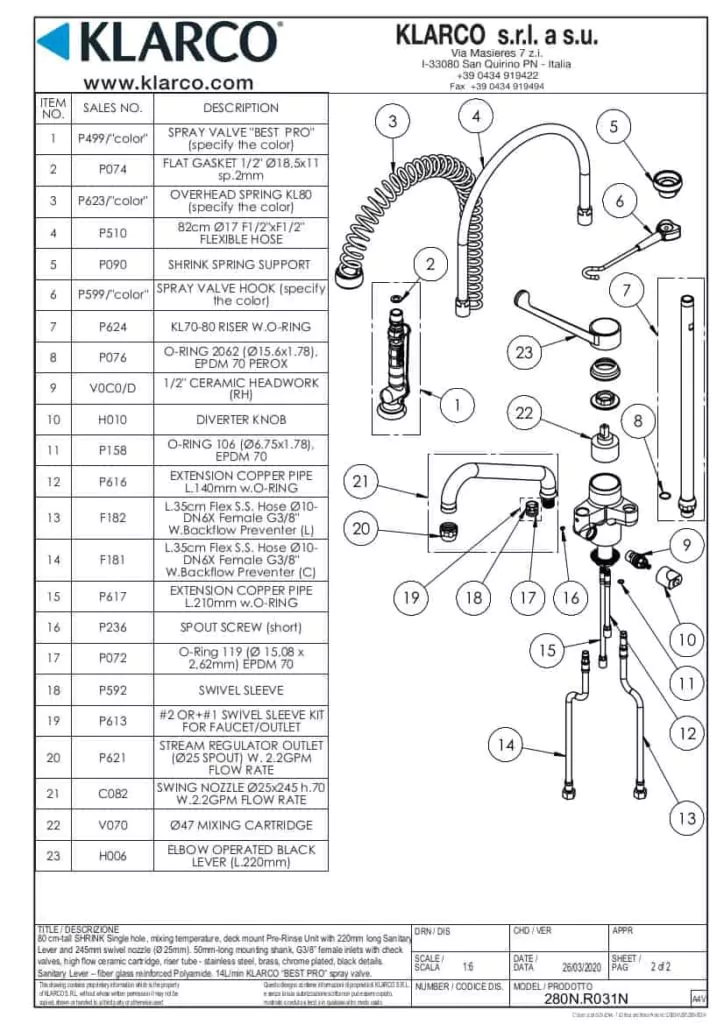 Eine detaillierte Liste mit Ersatzteilen für die Klarco Armatur mit Brause zur Beckenmontage