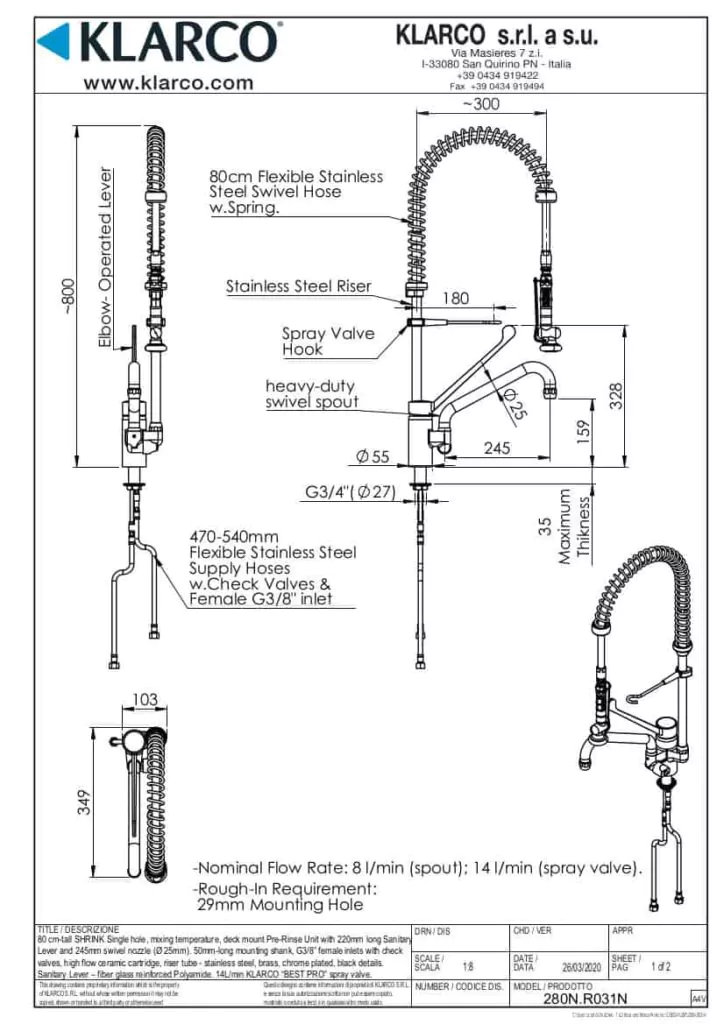 Eine detaillierte Maßzeichnung der Klarco Armatur mit Brause für die Beckenmontage