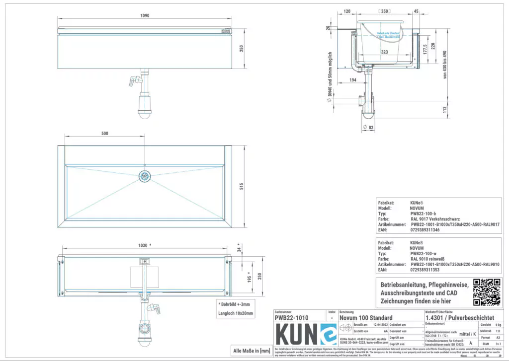 Zeigt das technische Maßblatt vom KUNe NOVUM 100 Ausgussbecken aus Edelstahl 100 cm schwarz pulverbeschichtet