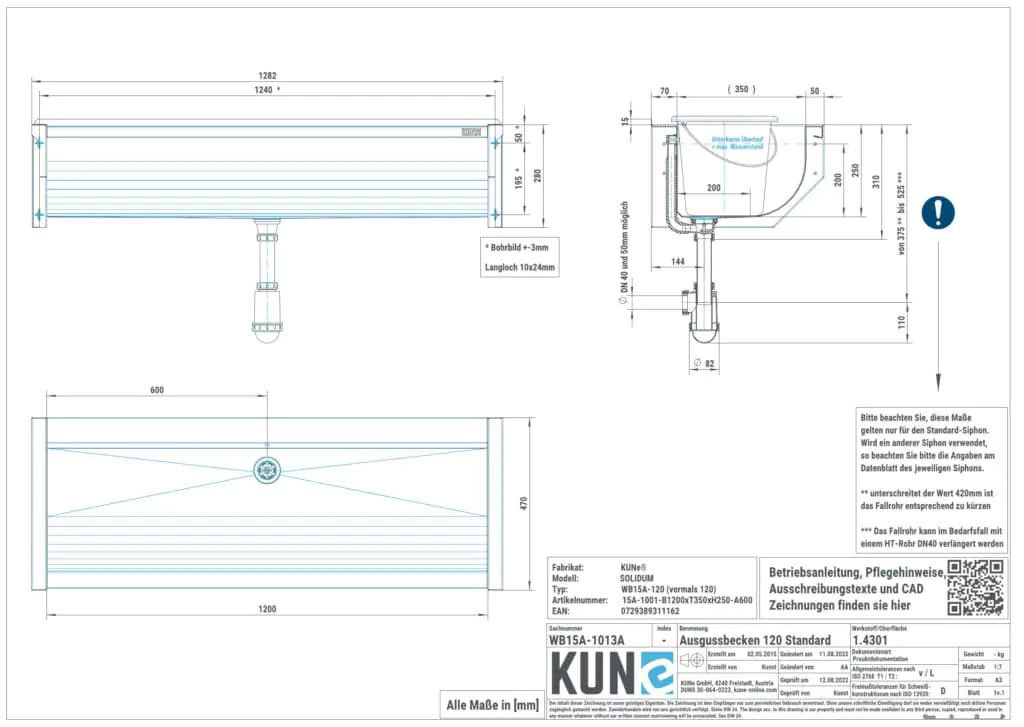 Eine detaillierte Masszeichnung vom KUNe SOLIDUM 120 Ausgussbecken aus Edelstahl